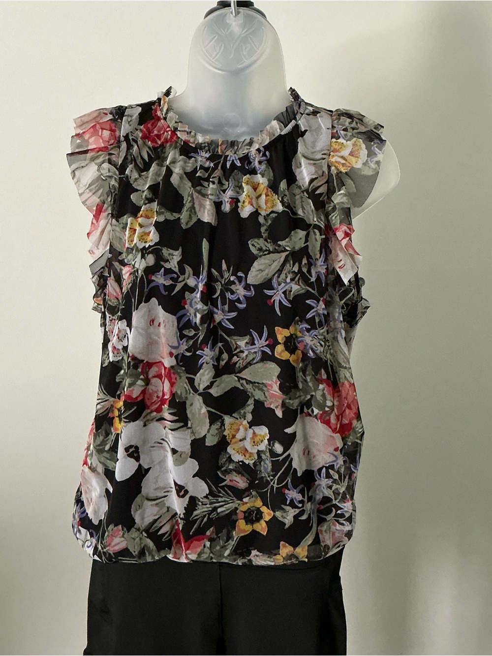 I.N.C. Women’s Black Multicolor Floral Sheer Ruffle Blouse – Medium